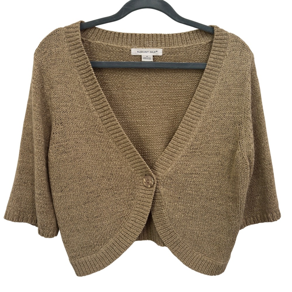 August Silk Cropped Shrug Cardigan Tan Ribbon Knit One Button Minimalist M
